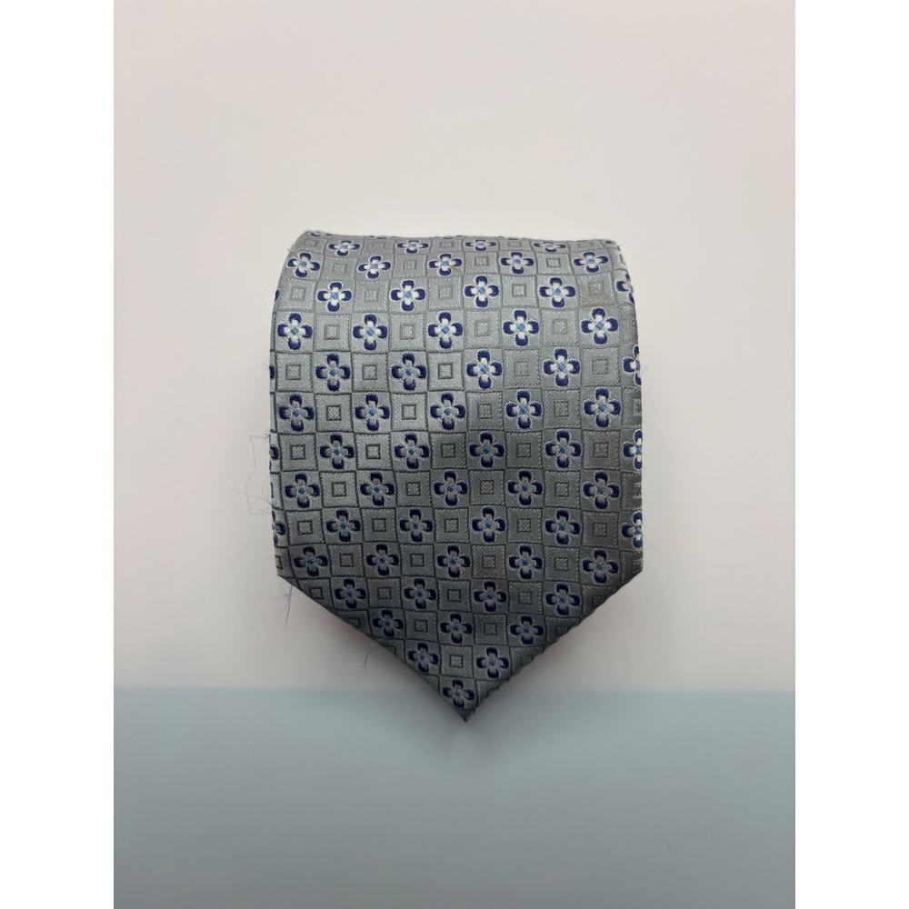 Dmitry Italy Silk Necktie Blue Grey Geometric Floral Medallion Pattern